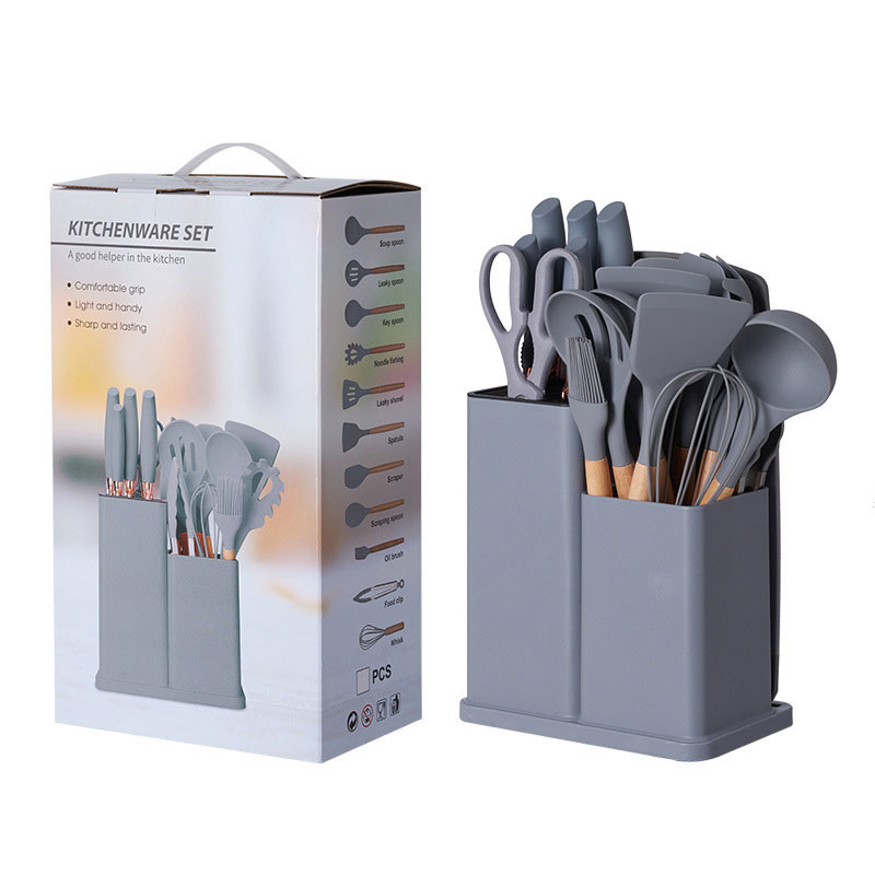 Conjunto de utensílios de cozinha de silicone de 19 peças com balde de armazenamento e facas