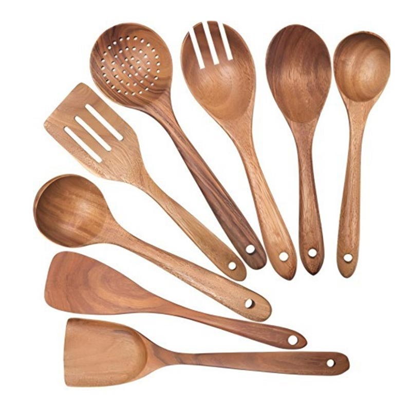 Conjunto de utensílios de cozinha com colher de sopa e skimmer de madeira de acácia