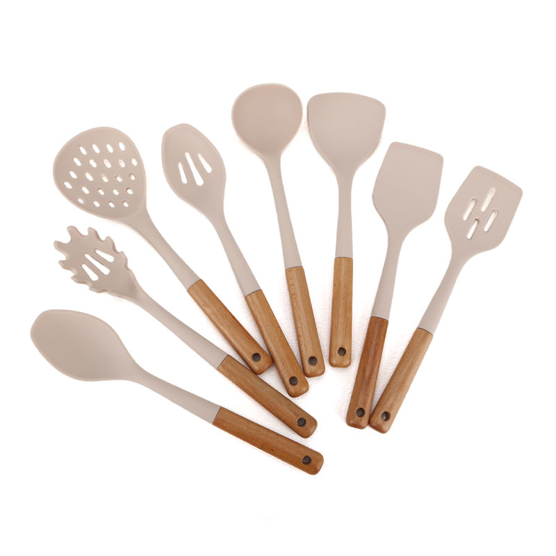 Kit ergonômico de utensílios de cozinha de silicone com alça de madeira